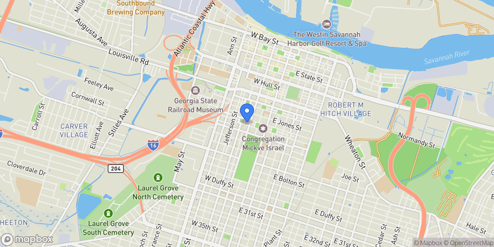 Map showing 108 W Gordon Street, Savannah, Georgia, United States.