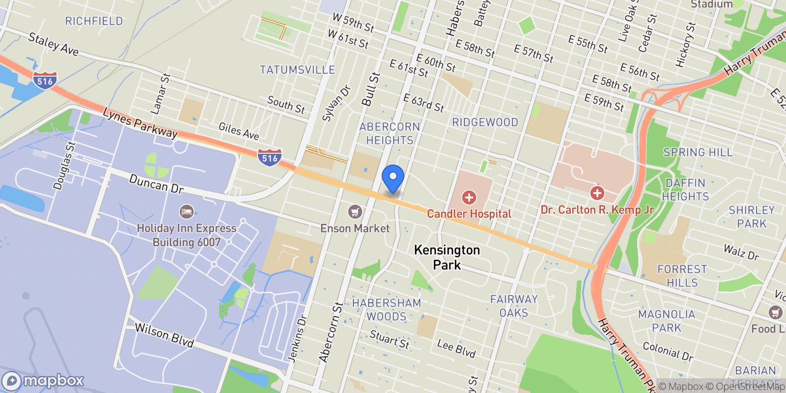 Map showing 112 E Derenne Avenue, Savannah, Georgia, United States.