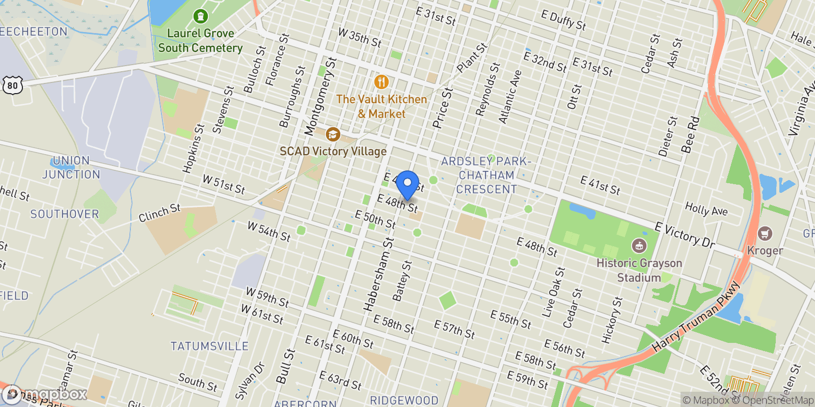 Map showing 210 E 48th Street, Savannah, Georgia, United States.