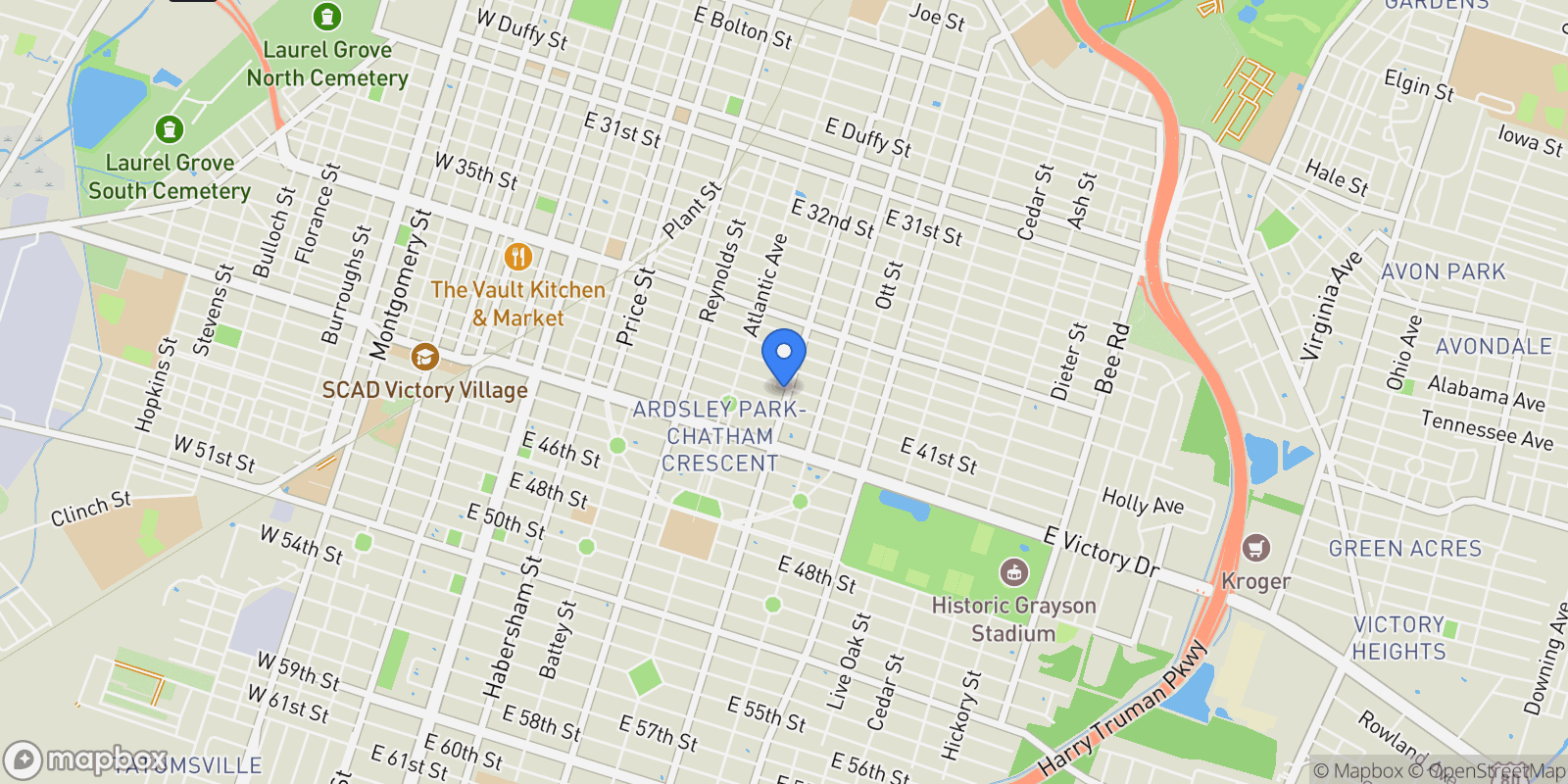 Map showing 743 E 40th Street, Savannah, Georgia, United States.