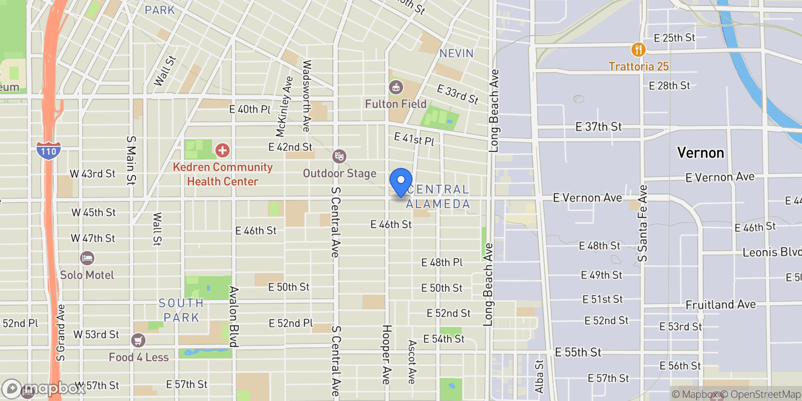 Map showing 1348 E Vernon Avenue, Los Angeles, California, United States.
