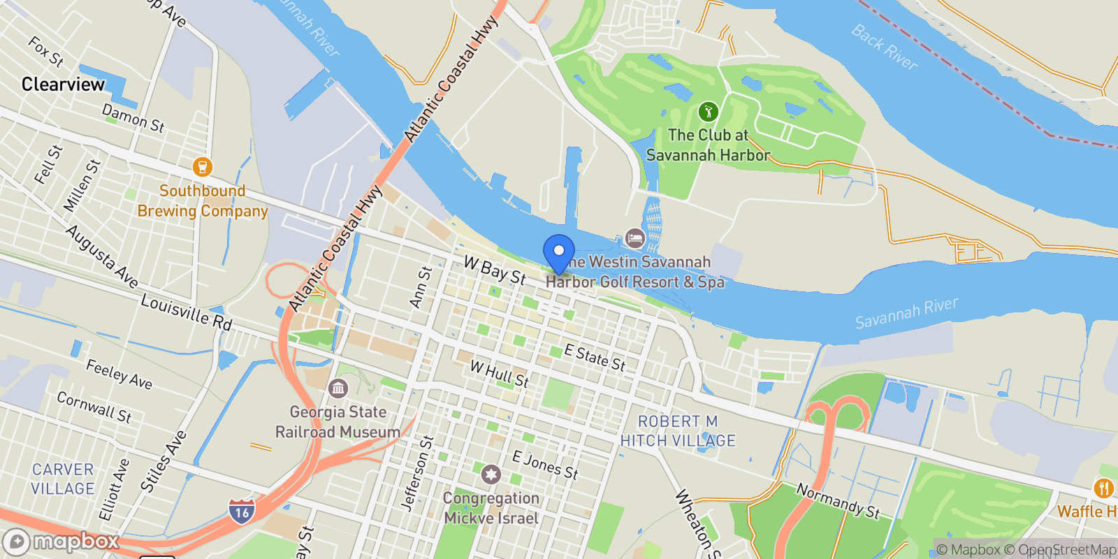 Map showing 100 E Bay Street, Savannah, Georgia, United States.