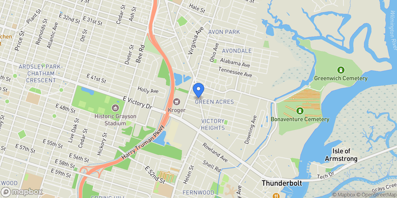 Map showing 2203 Skidaway Road, Savannah, Georgia, United States.