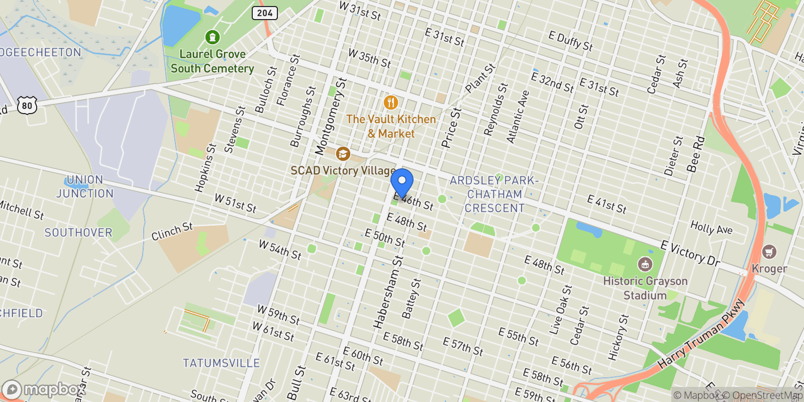 Map showing 123 E 46th Street, Savannah, Georgia, United States.