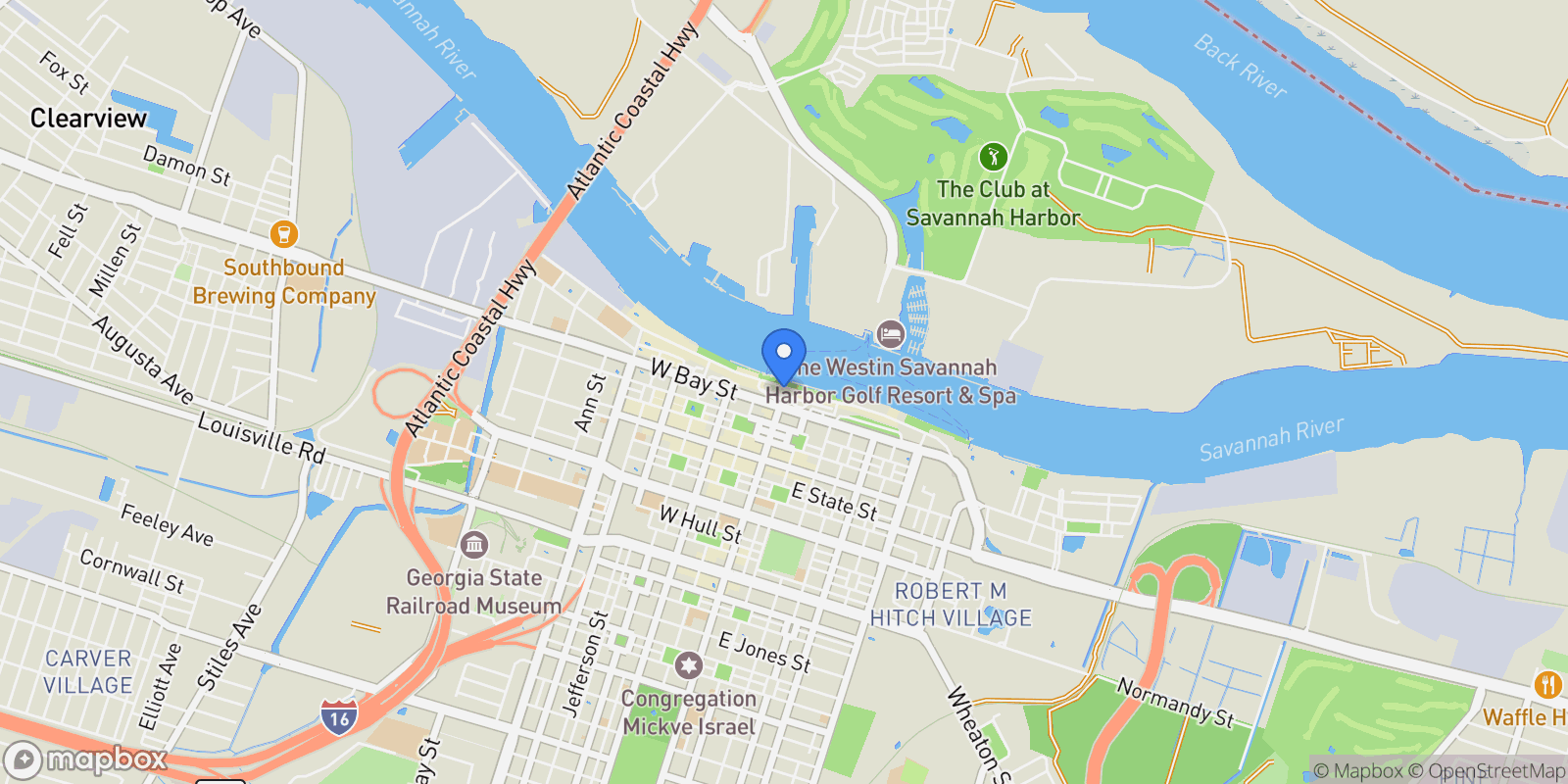 Map showing 100 E Bay Street, Savannah, Georgia, United States.