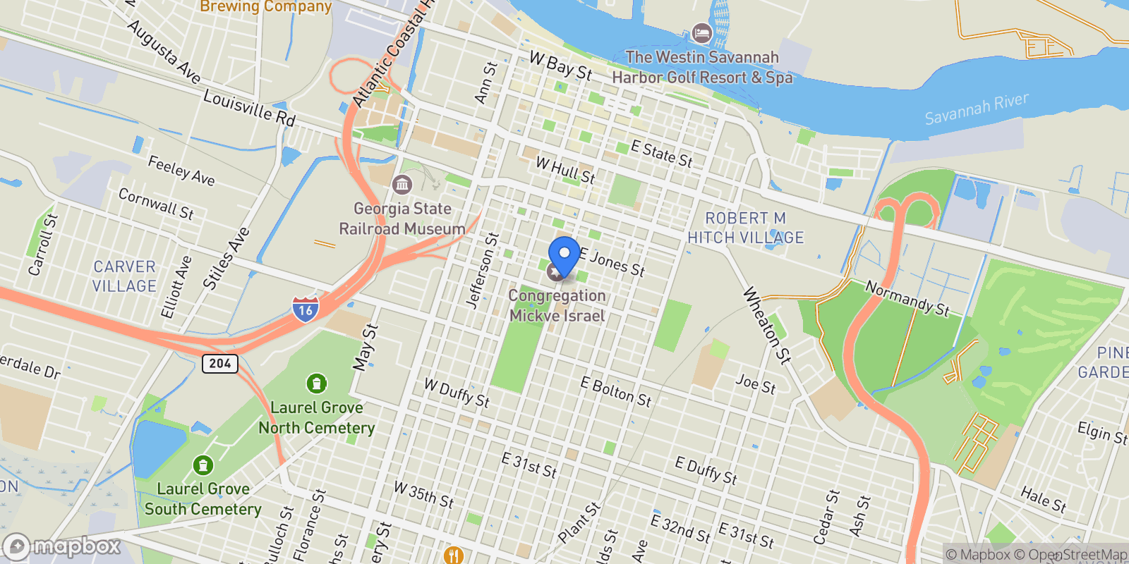 Map showing 105 E Gordon Street, Savannah, Georgia, United States.