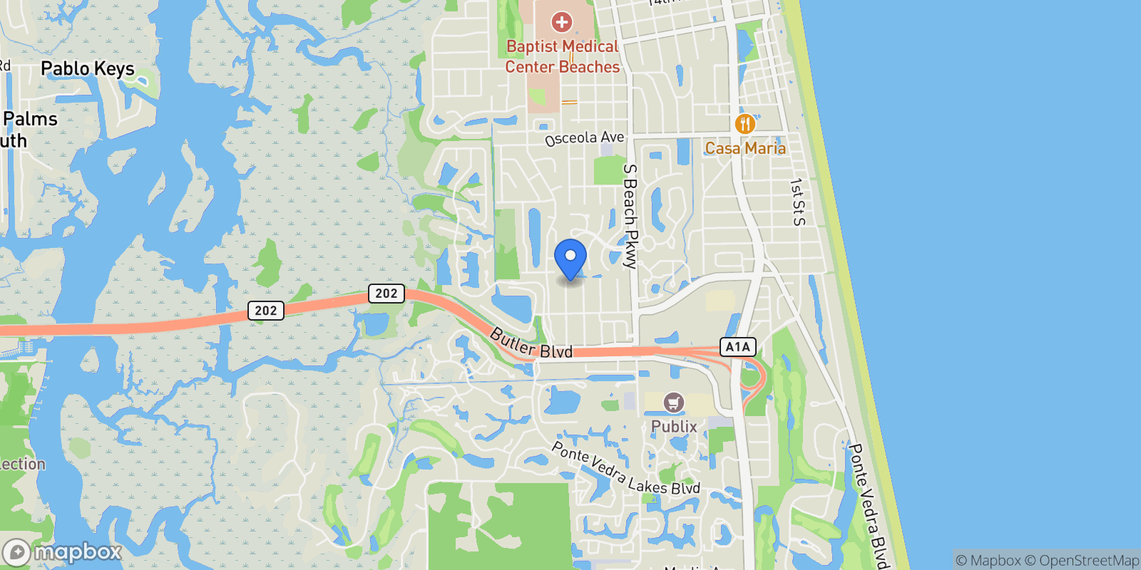 Map showing 3839 GRANDE Boulevard, Jacksonville Beach, Florida, United States.