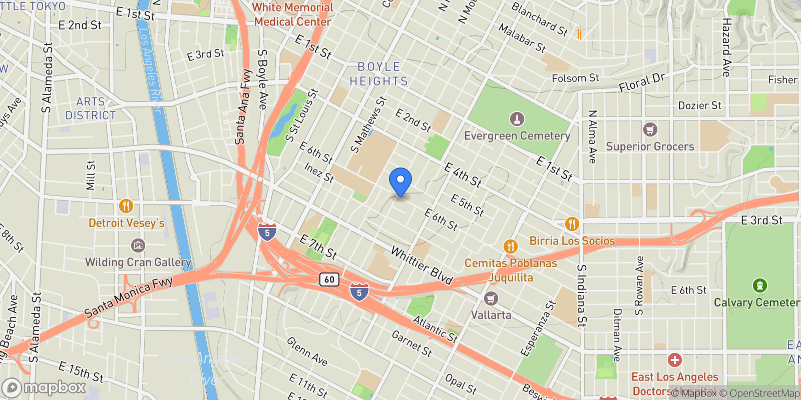 Map showing 2810 E 6th Street, Los Angeles, California, United States.