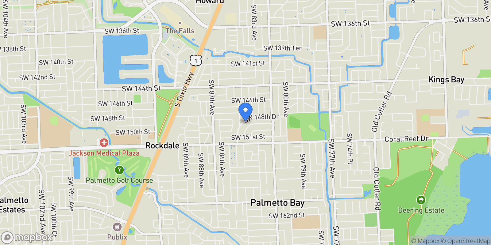 Map showing 8360 SW 148th Dr, Palmetto Bay, FL 33158, Coral Gables, Florida, United States.