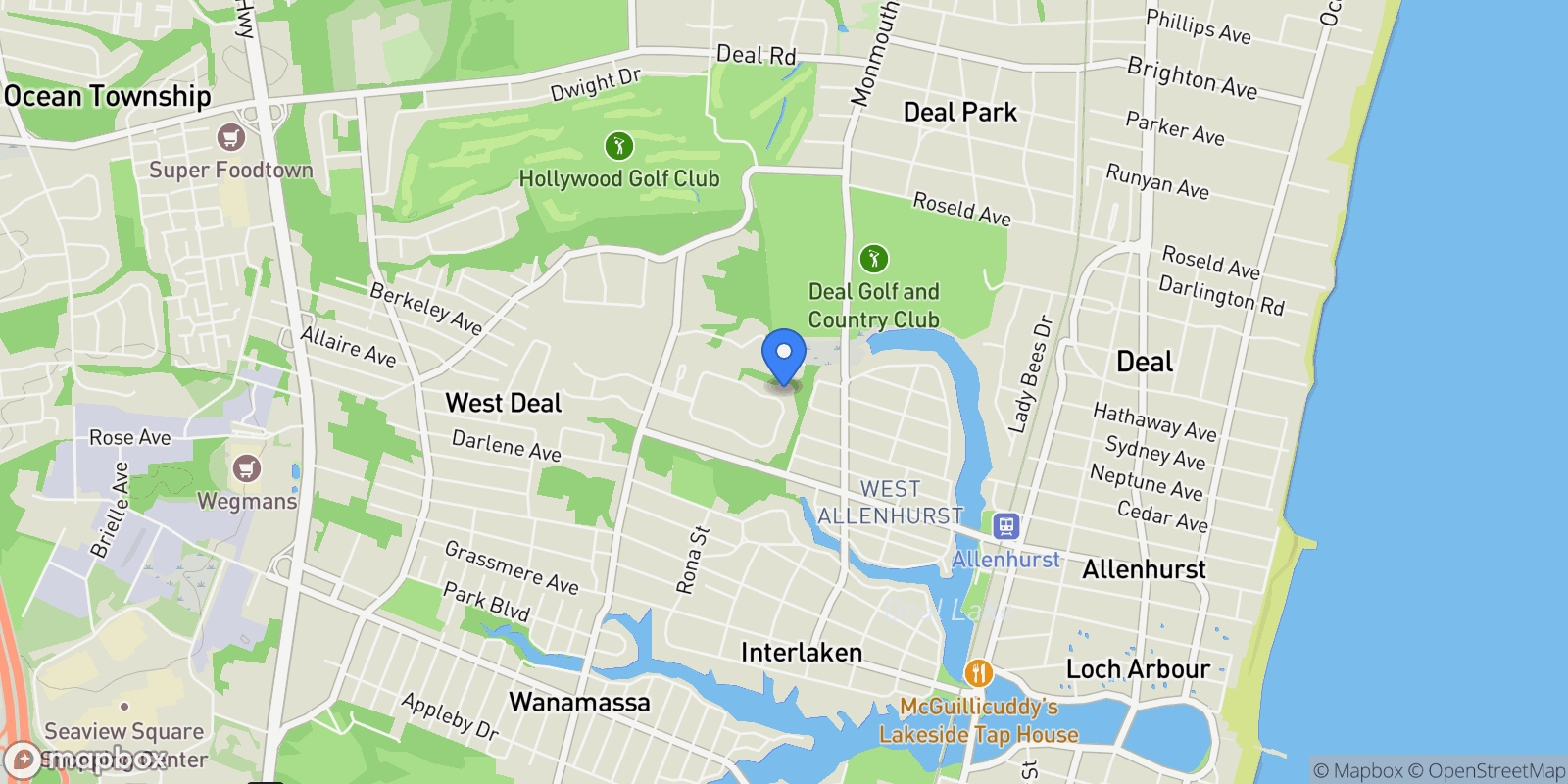 Map showing 34 Bruns Road, West Allenhurst, NJ 07711, Ocean Township, New Jersey, United States.