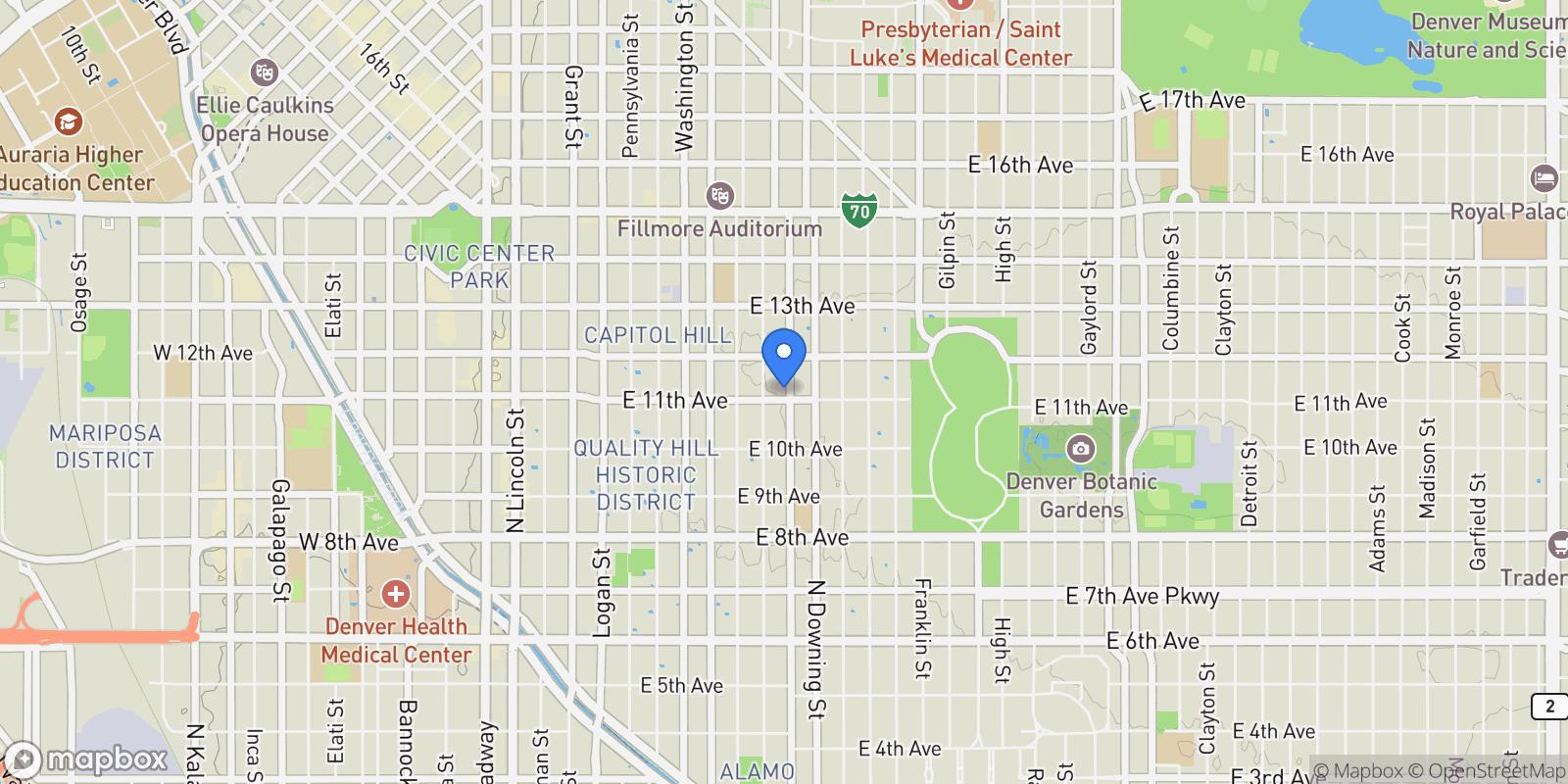 Map showing 1111 N Corona Street, Denver, CO 80218, Denver, Colorado, United States.
