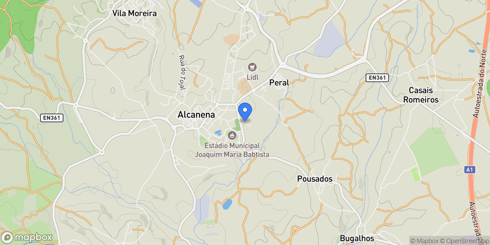 Map showing 2380-011 Alcanena, Portugal, Alcanena e Vila Moreira, Santarem District, Portugal.