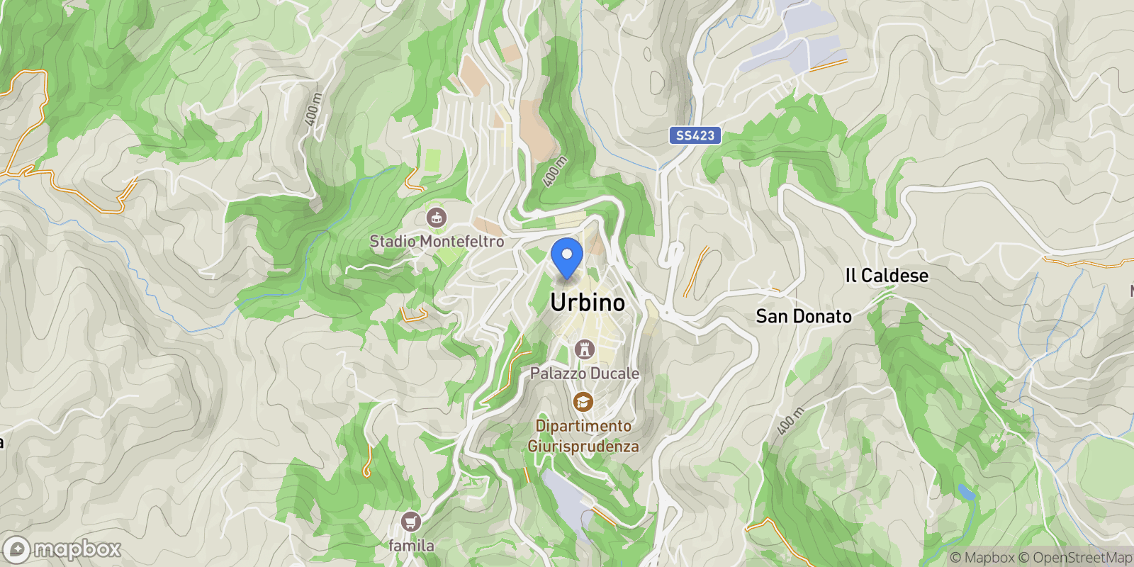 Map showing Via Santa Margherita 34, Urbino, Marche, Italy.