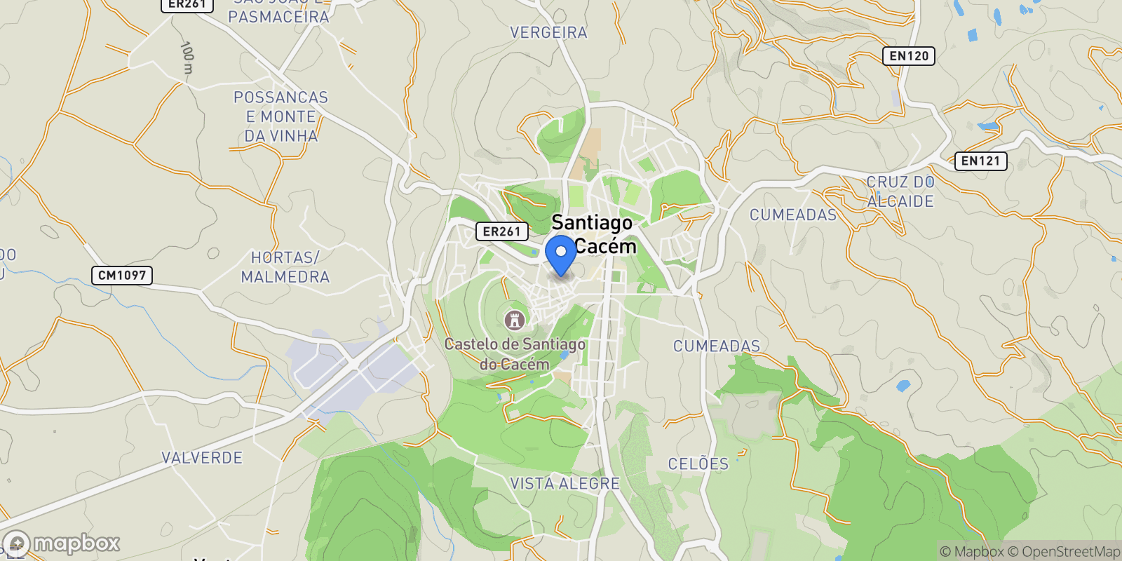 Map showing São Domingos e Vale de Água, Santiago do Cacém, Setúbal, Santiago do Cacém, Santiago do Cacem, Santa Cruz e Sao Bartolomeu da Serra, Setubal, Portugal.