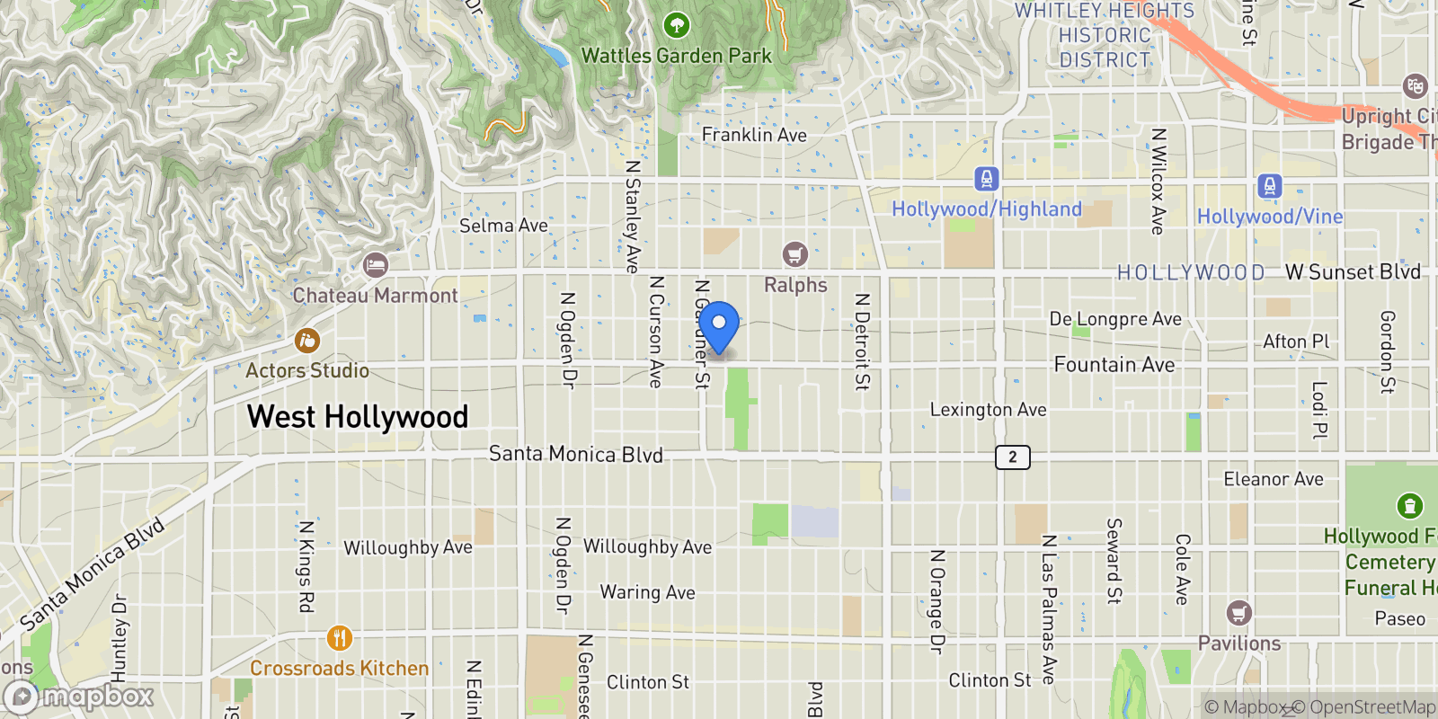 Map showing 7401 Fountain Avenue, Los Angeles, California, United States.