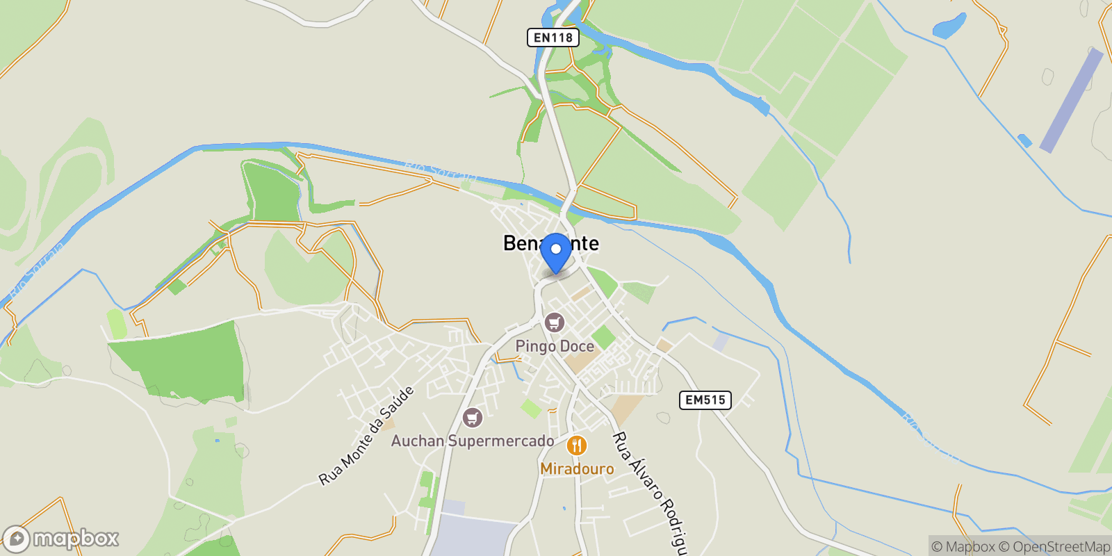 Map showing Benavente, Benavente, Santarém, Benavente, Benavente, Santarem District, Portugal.