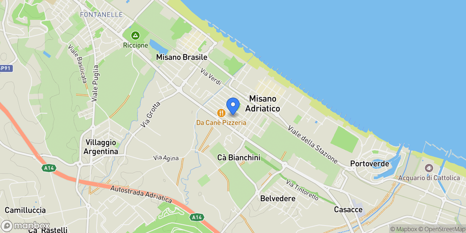 Map showing Via Mazzini 12, Misano Adriatico, Emilia-Romagna, Italy.
