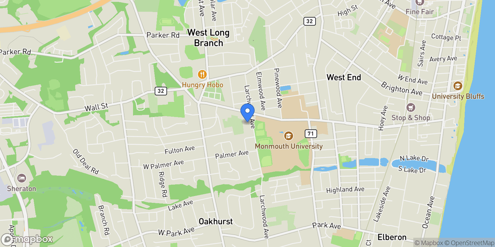 Map showing 73 Larchwood Avenue, West Long Branch, NJ 07764, West Long Branch, New Jersey, United States.
