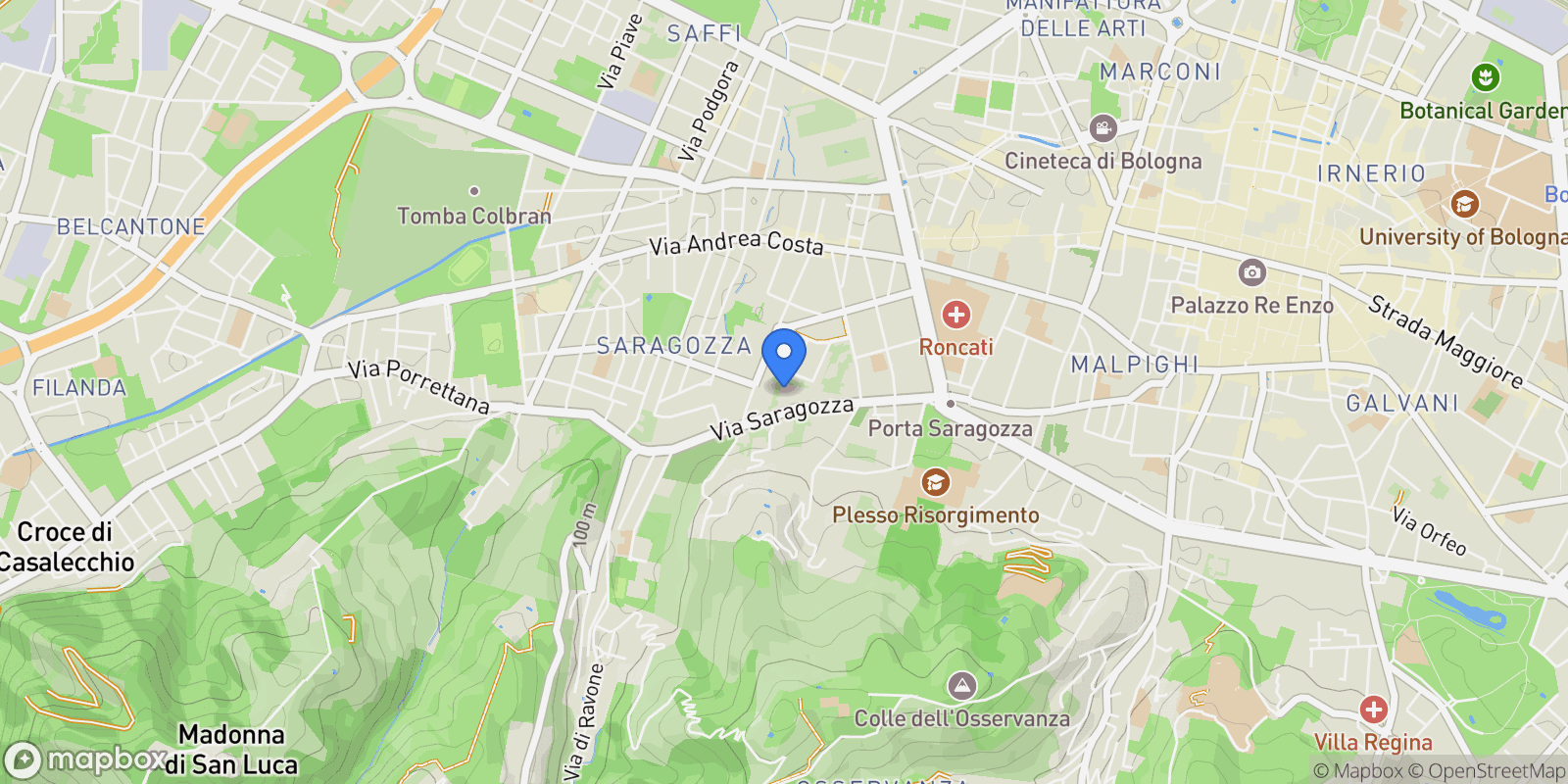 Map showing Via Saragozza, Bologna, Emilia-Romagna, Italy.