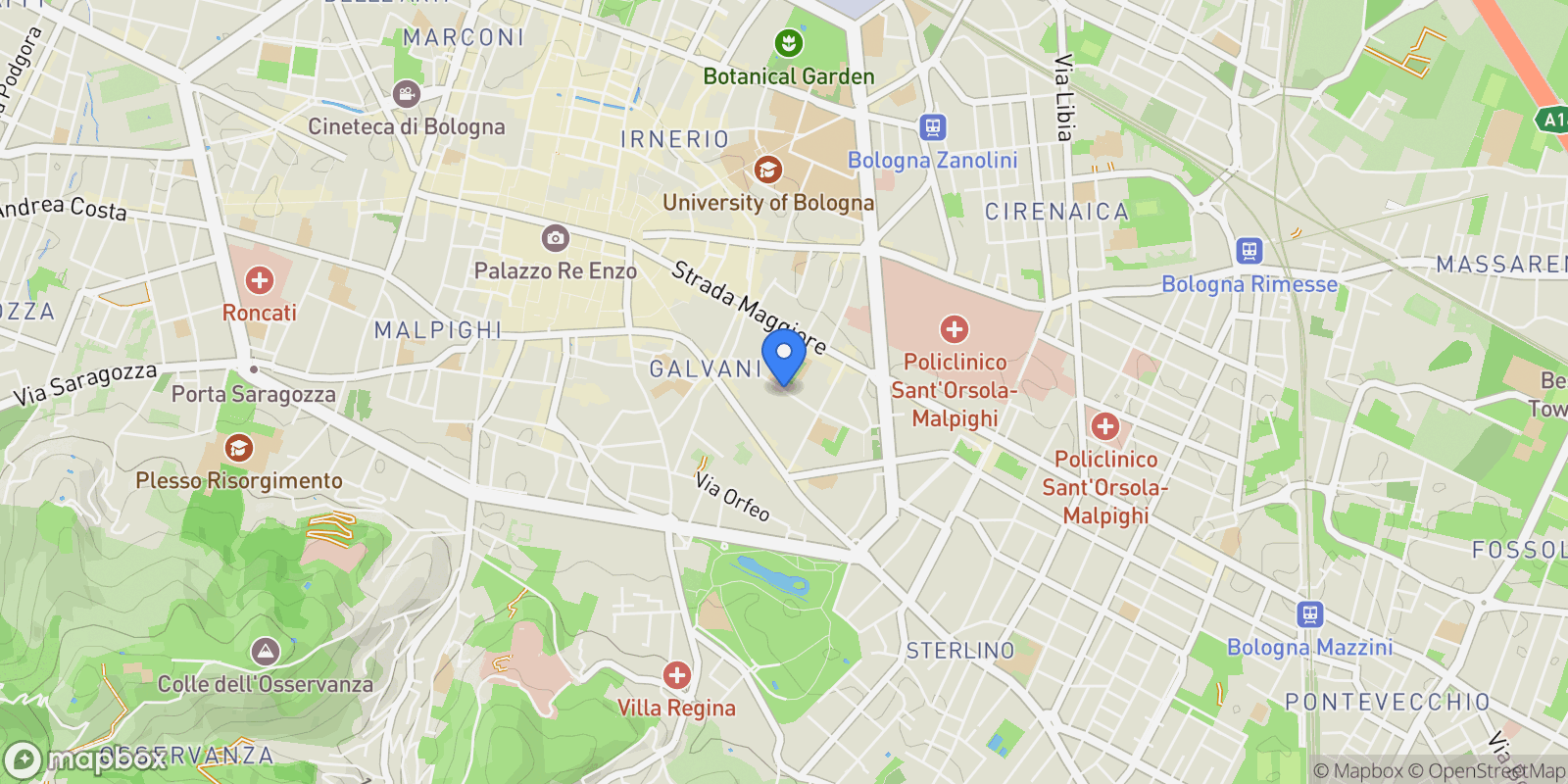 Map showing Via San Petronio Vecchio, Bologna, Emilia-Romagna, Italy.