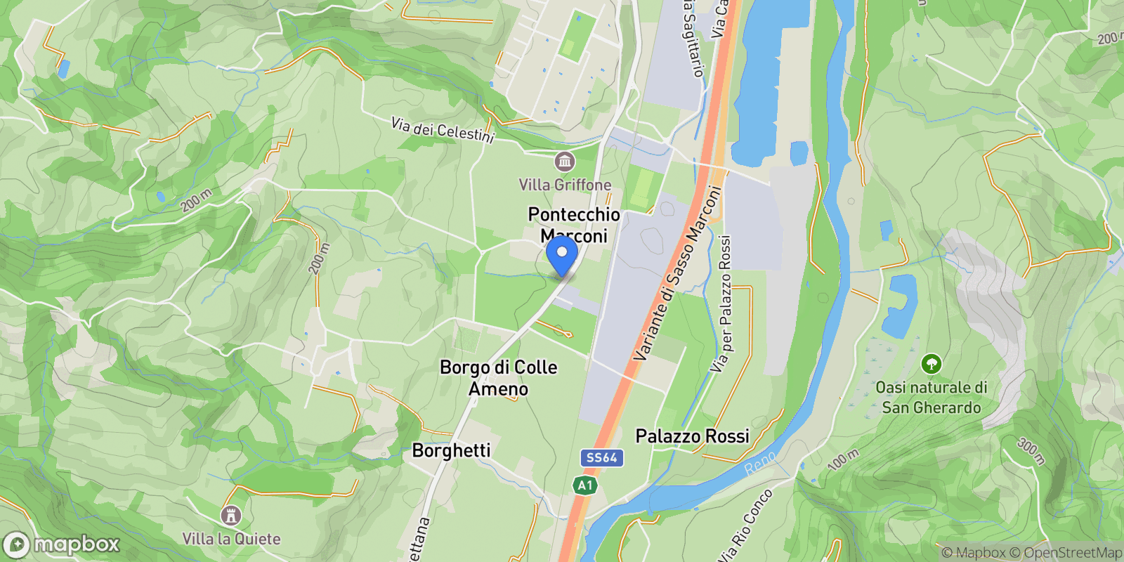 Map showing VIA PORRETTANA, Pontecchio Marconi, Emilia-Romagna, Italy.