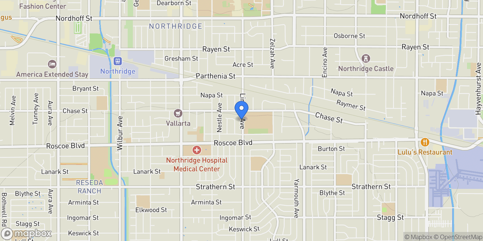 Map showing 8421 Lindley Avenue, Los Angeles, California, United States.