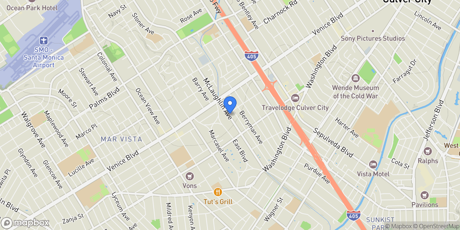 Map showing 3910 Mclaughlin Avenue, Los Angeles, California, United States.