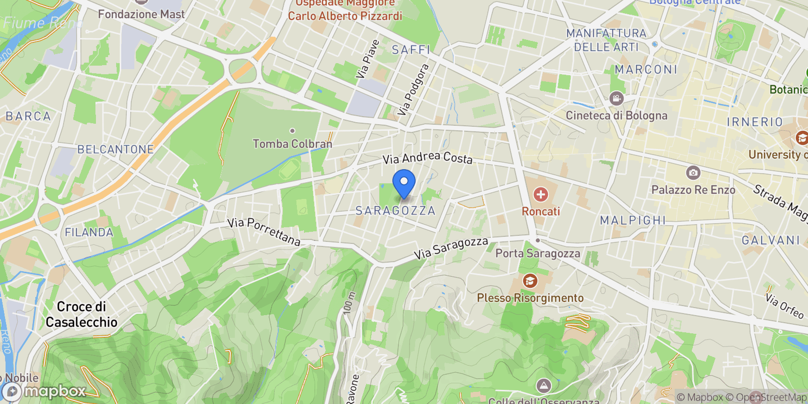 Map showing Via Luigi Valeriani, Bologna, Emilia-Romagna, Italy.