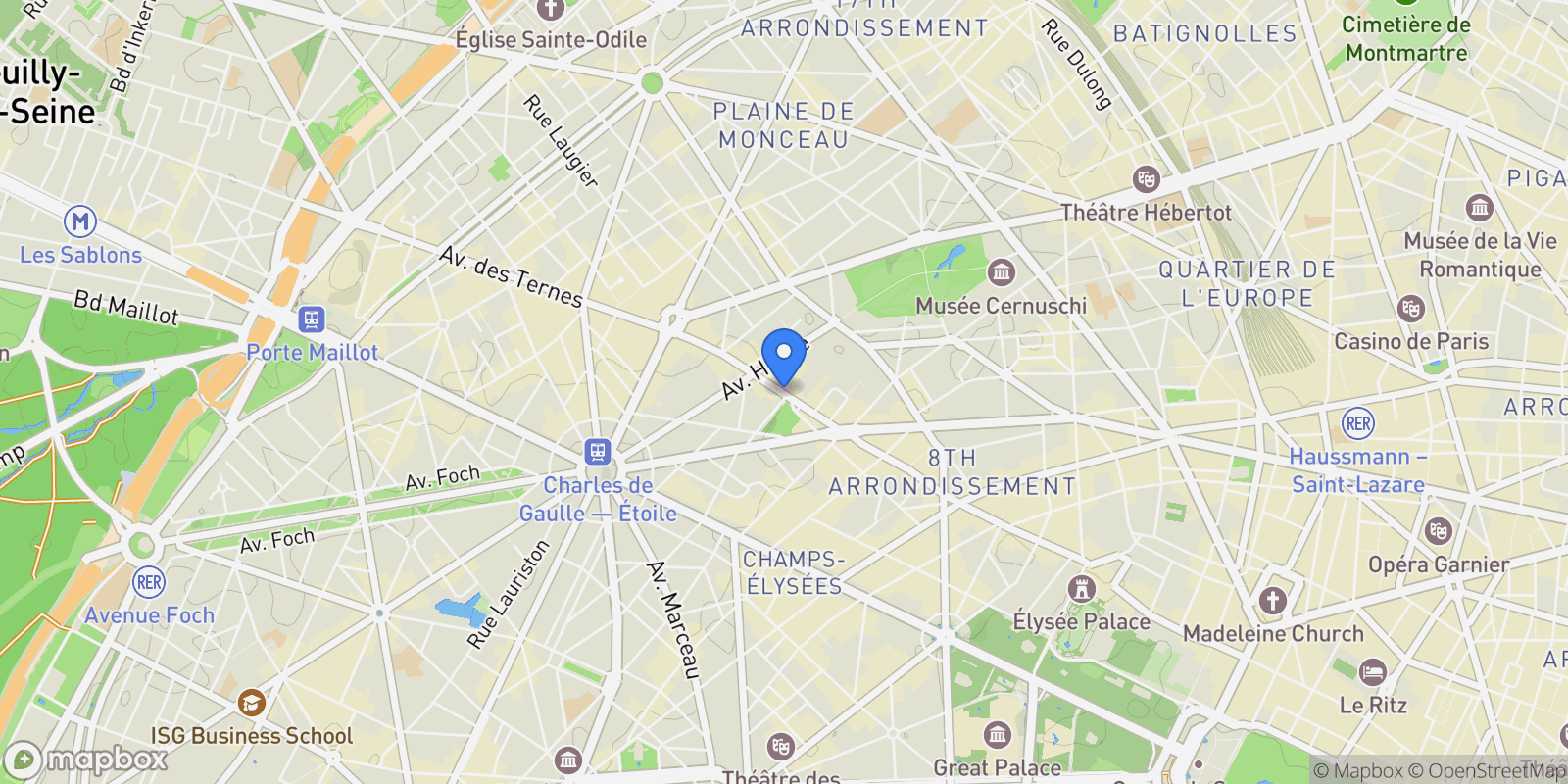 Map showing 230 Rue du Faubourg Saint-Honoré, Paris, Île-de-France, France.