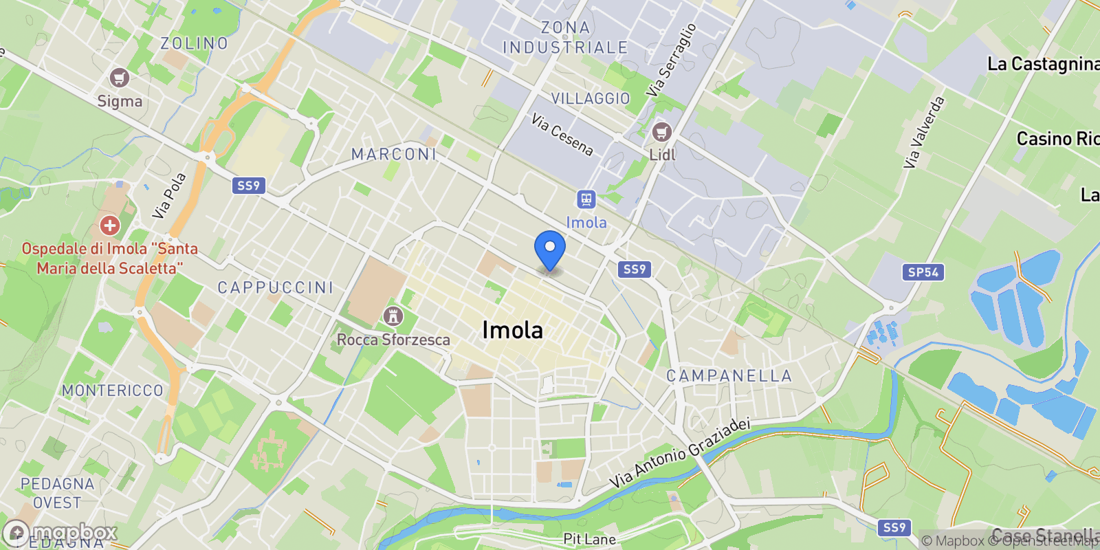Map showing Viale Andrea Costa 3-5, Imola, Emilia-Romagna, Italy.