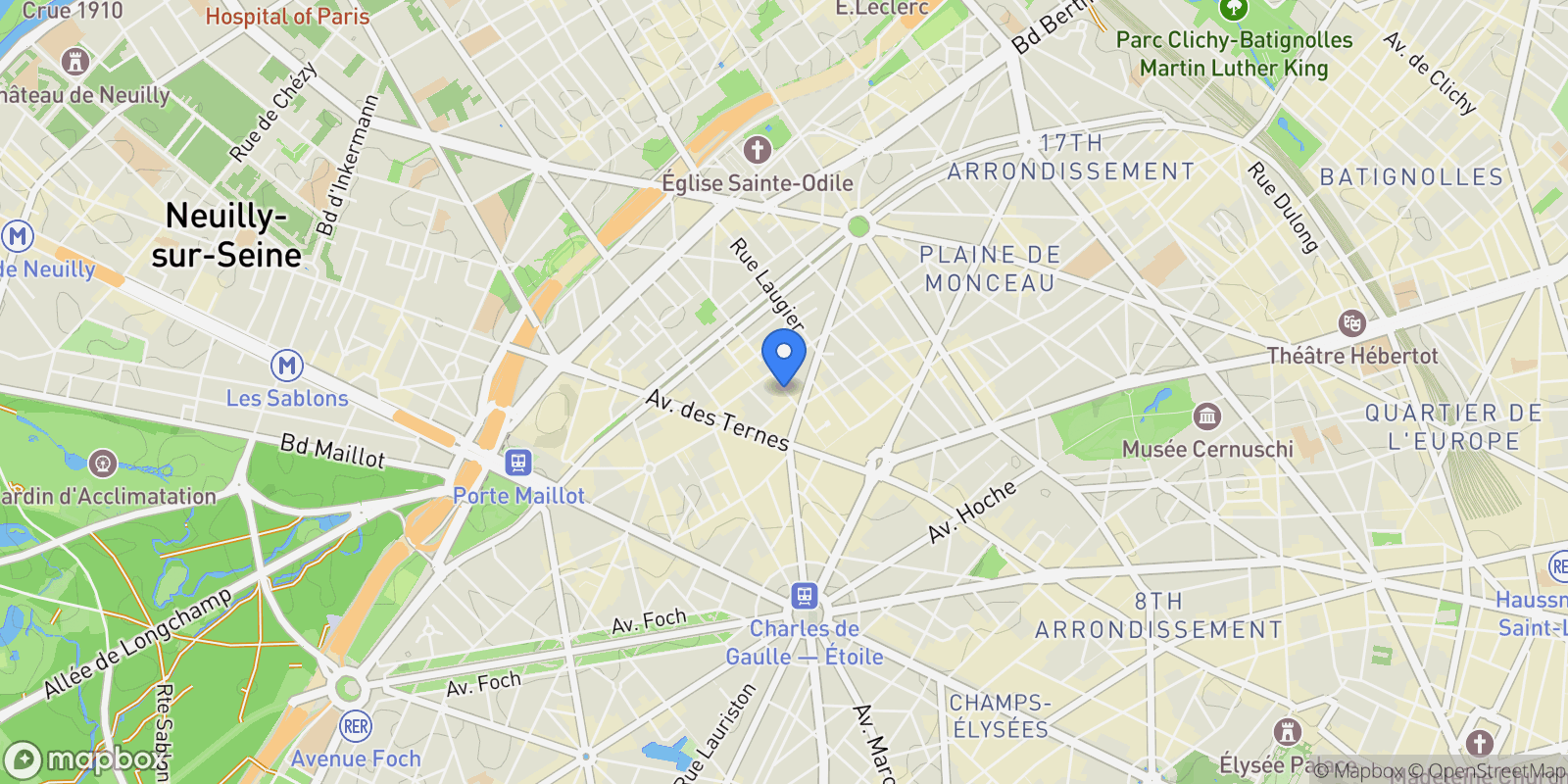 Map showing 29 Rue Bayen, Paris, Île-de-France, France.
