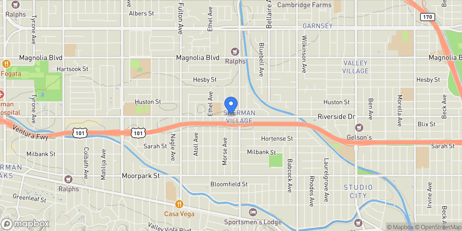 Map showing 12944 Riverside Drive, Los Angeles, California, United States.