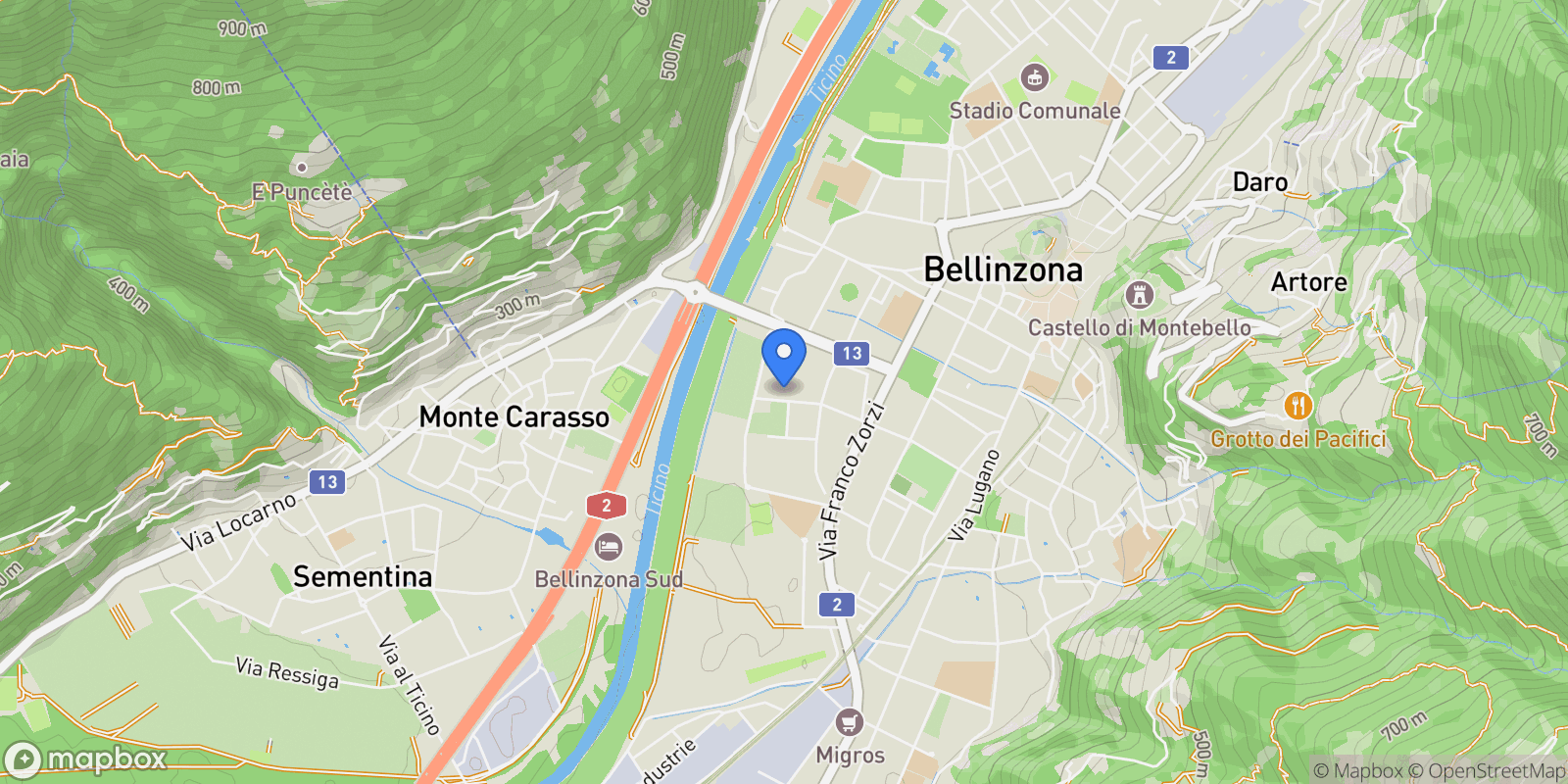 Map showing Via Tommaso Rodari, 20A, Bellinzona, Ticino, Switzerland.