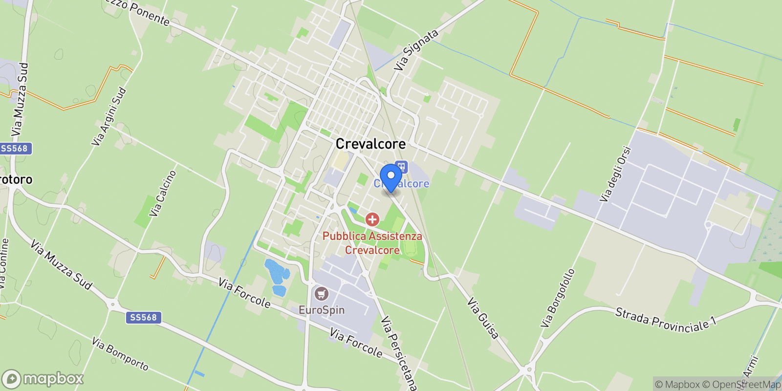 Map showing Via Cacciatori, Crevalcore, Emilia-Romagna, Italy.