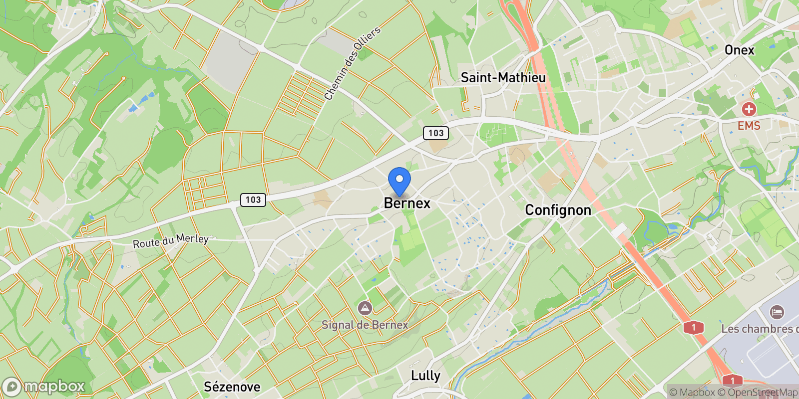 Map showing Bernex, GE 1233, Bernex, Genève, Switzerland.