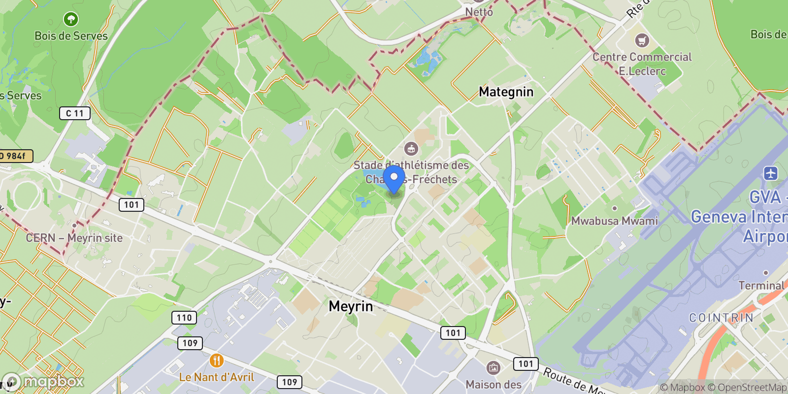 Map showing Meyrin, GE 1217, Meyrin, Genève, Switzerland.