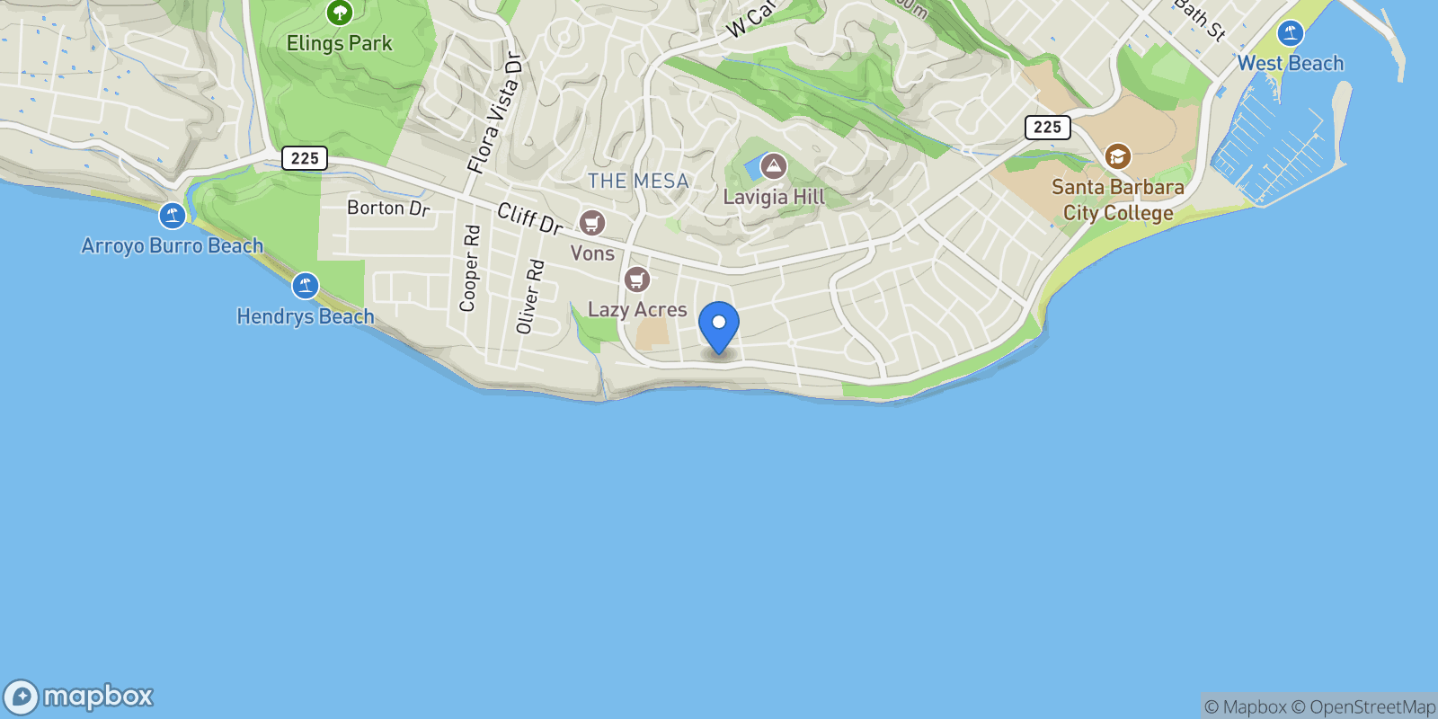 Map showing 1624 Shoreline Drive, Santa Barbara, California, United States.