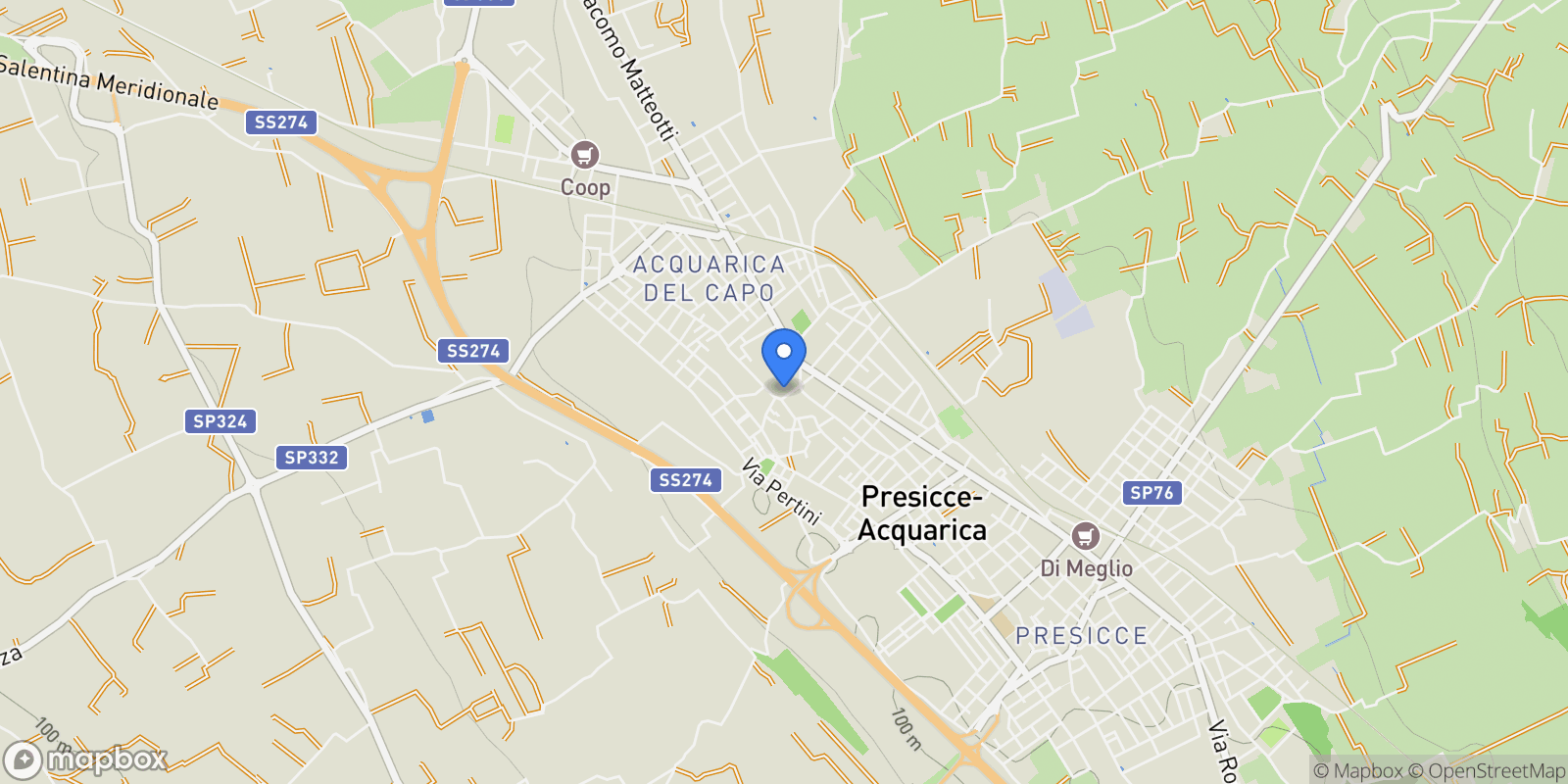 Map showing Piazza Municipio, 73040 Presicce-Acquarica LE, Italy, Presicce-Acquarica, Apulia, Italy.