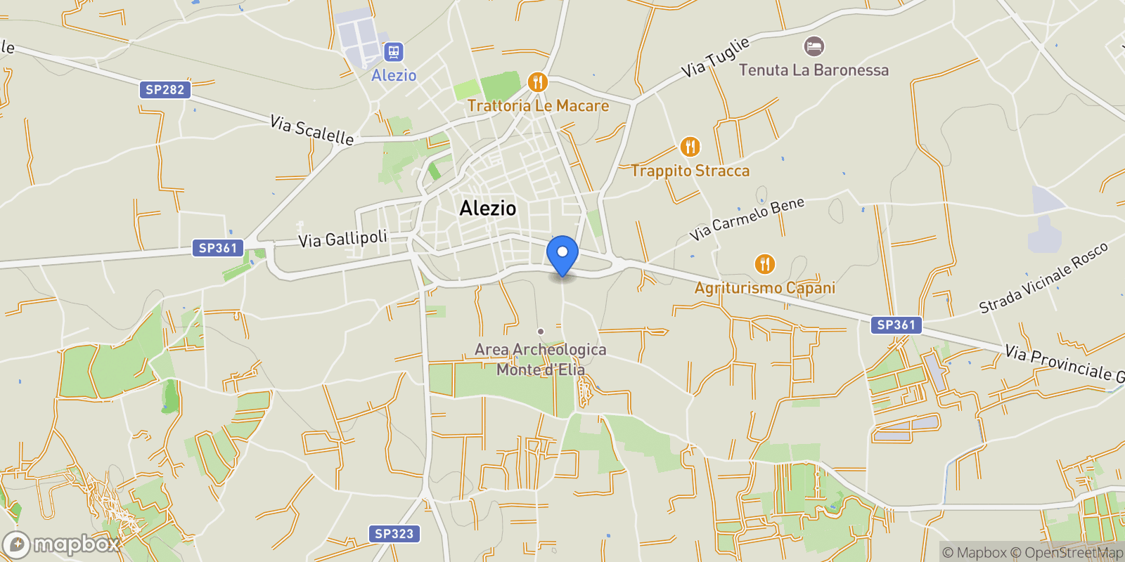 Map showing Strada vicinale Monte d'Elia, 8, 73011 Alezio LE, Italy, Apulia, Italy.