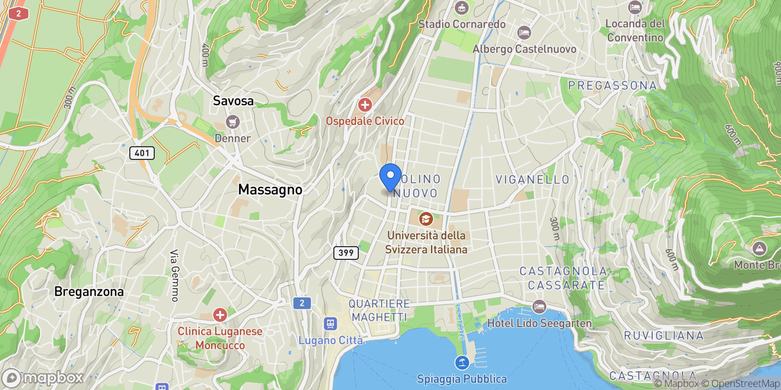 Map showing piazza molino nuovo, Lugano, Ticino, Switzerland.