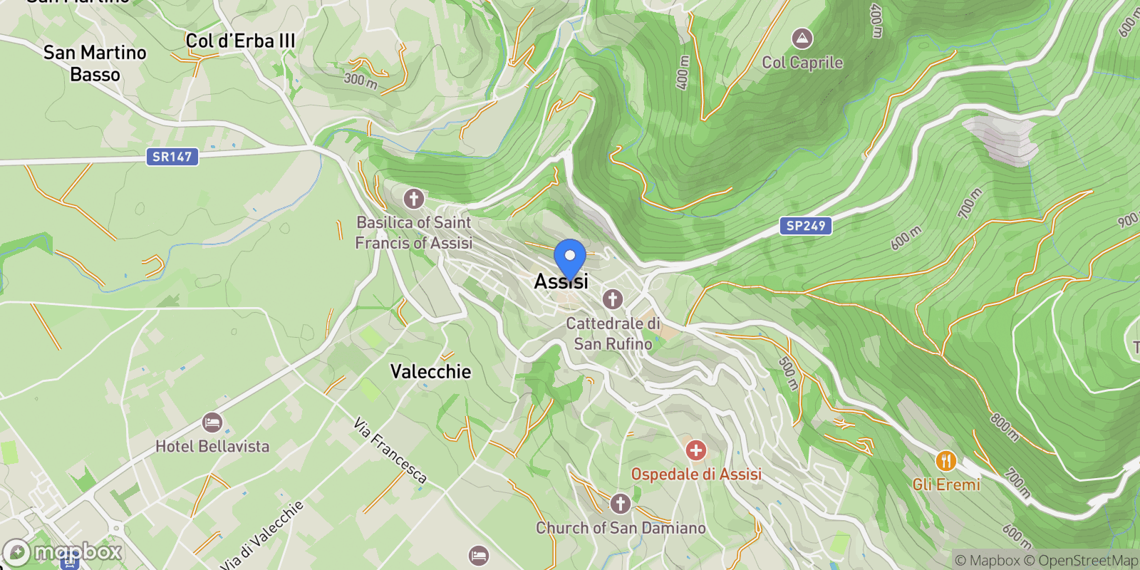 Map showing Assisi, San Damiano, Umbria, Italy.