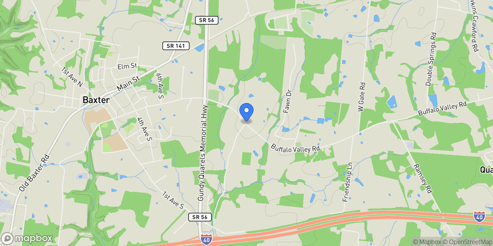 Map showing 5931 Buffalo Valley Rd, Baxter, Tennessee, United States.