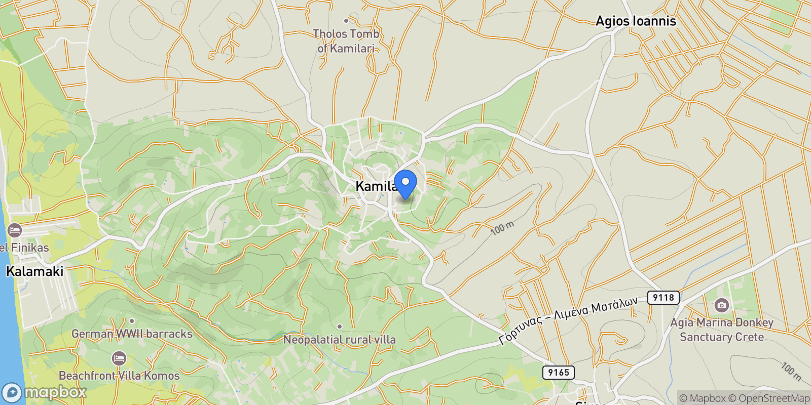 Map showing 2QJR+XQP, Kamilari 702 00, Greece, Community of Kamilarion, Tybakio, Greece.