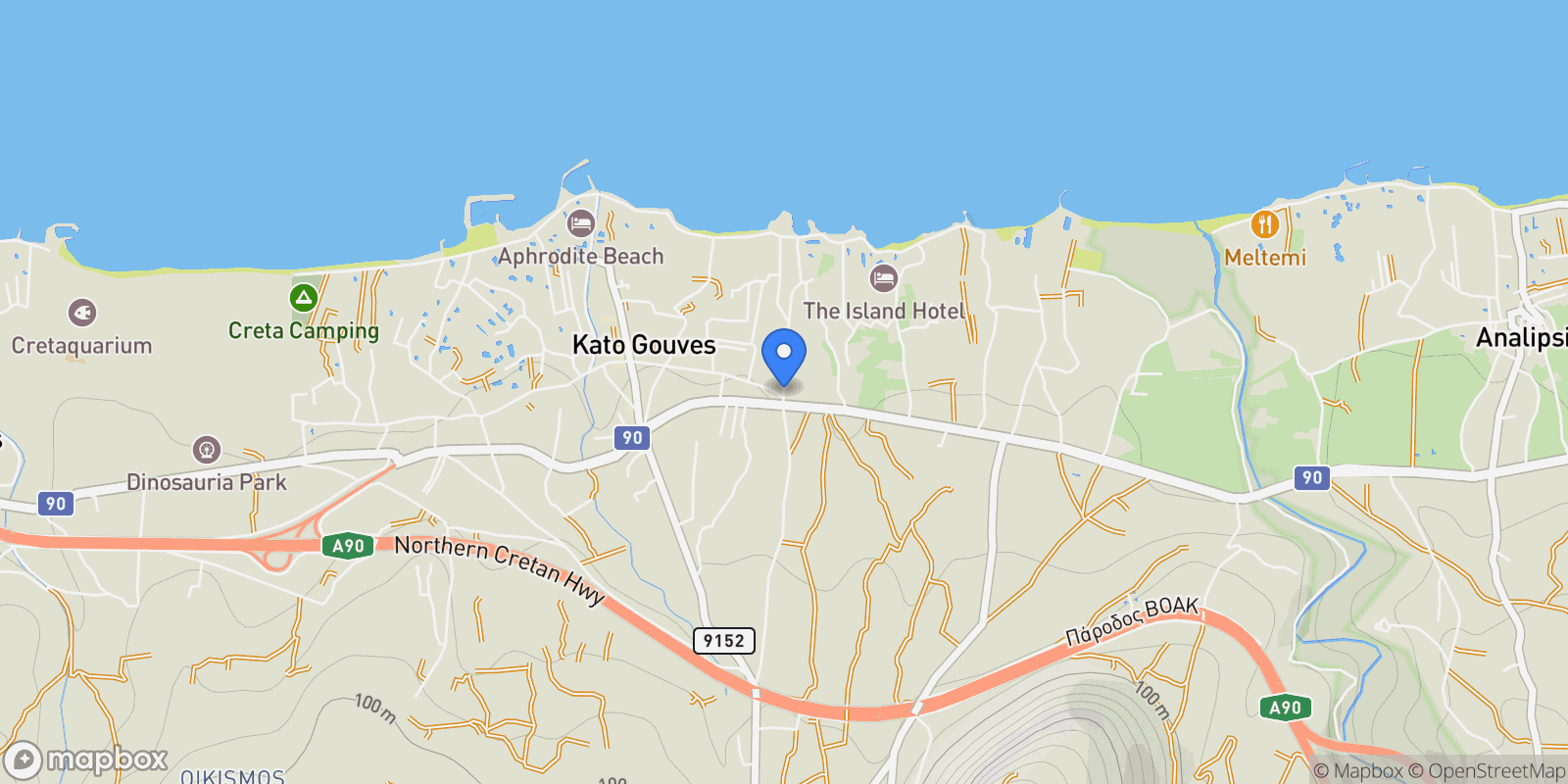 Map showing 88H7+Q7G, Kato Gouves 700 14, Greece, Community of Gouve, Gouves, Greece.