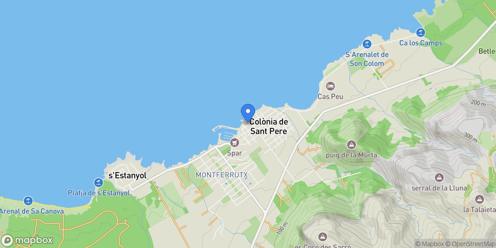 Map showing Colonia de Sant Pere, Baleares, Colonia de Sant Pere, Colonia de Sant Pere, Arta, Balearic Islands.