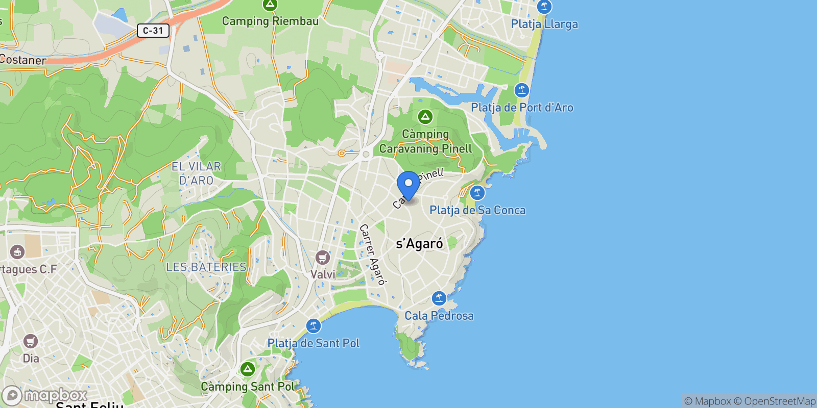 Map showing Gerona, s'Agaro, Platja d'Aro, Catalonia.