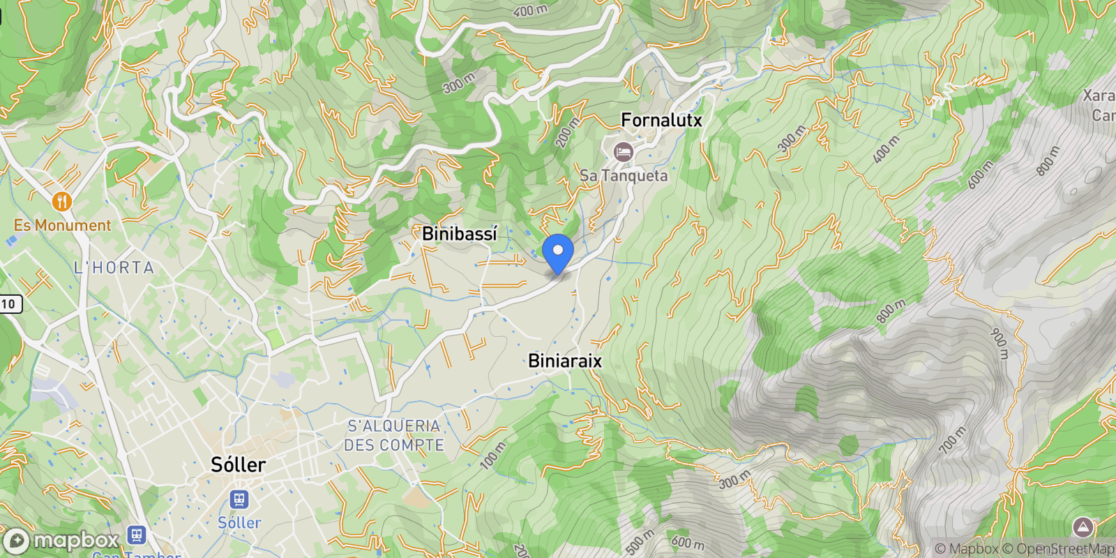 Map showing Sóller, Mallorca, Sóller, Biniaraix, Soller, Balearic Islands.