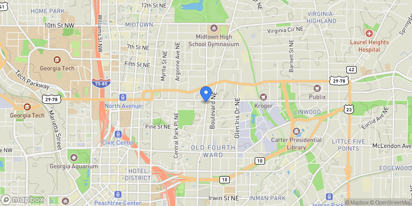 Map showing 600 Parkway Drive Ne, Atlanta, GA 30308, Atlanta, Georgia, United States.