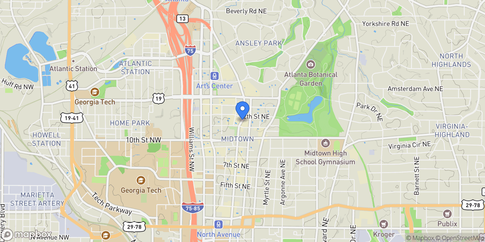 Map showing 1065 Peachtree St Ne, Atlanta, GA 30309, Atlanta, Georgia, United States.