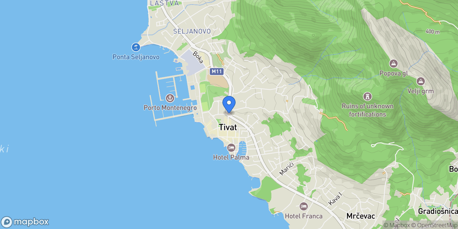 Map showing Tivat, Tivat Municipality, Montenegro.